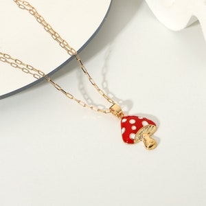 Red Mushroom Enamel Pendant Necklace: Trendy Plant Jewelry