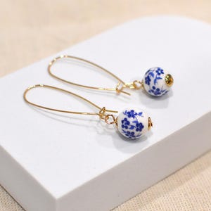 Blue Floral Porcelain Earrings: Chinoiserie Ceramic Bead Dangles