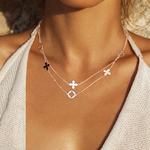 Gold Quatrefoil Station Necklace: Double Layered Clover Pendant