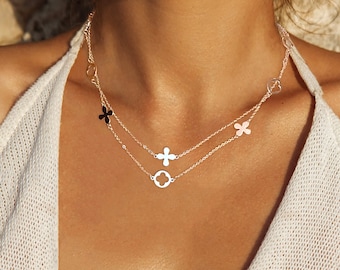 Metal Quatrefoil Station Double Layered Necklace, Clover Necklace, Four Leaf Clover Necklaces, Clover Pendant Necklace, Bridesmaid Gifts