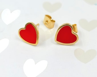 Gold Dipped Red Enamel Heart Stud Earrings - Sterling Silver Post