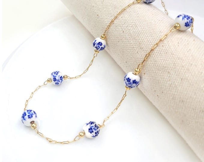 Blue Porcelain Floral Bead Necklace: Chinoiserie Ceramic Jewelry