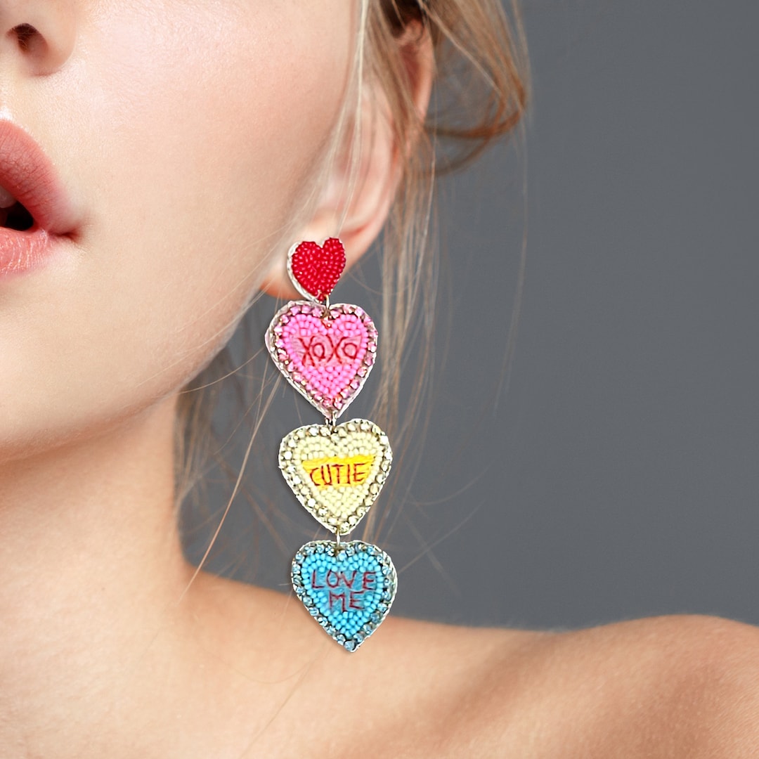 Heart Earrings, Beaded Dangle Earrings, Valentines Day Earrings