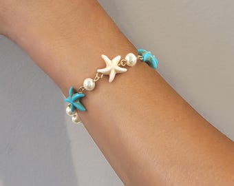 Turquoise Starfish Beaded Bracelet: Sea Life Boho Jewelry