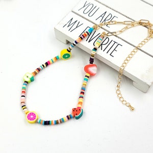 Fruit Poly Beaded Necklace, Tropical fruit necklace, Tropical Necklace, Handmade Fruit Necklace, Colorful Beaded Necklace, Beach Necklace