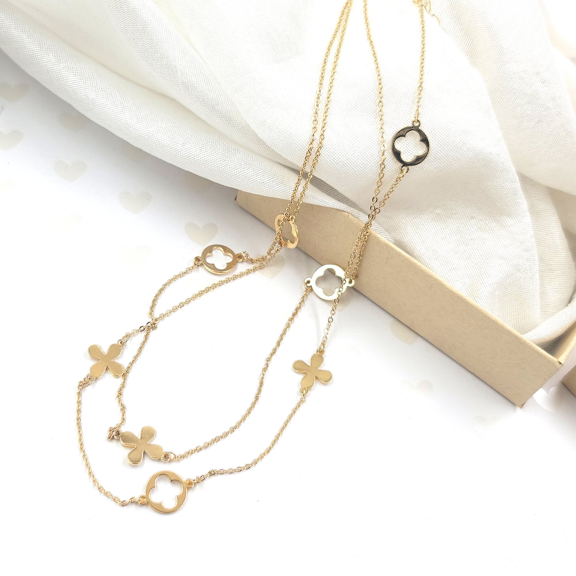 Metal Quatrefoil Station Double Layered Necklace, Clover