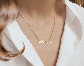 Mama Script Pendant Necklace: Gold Brass Mom Jewelry