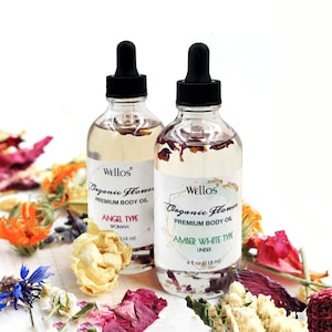 Wellos 4OZ (118ml) Organic Flower Premium Body Oil, Scented Body Oil, Floral Body Oil, Natural Organic Massage Oil, Self Care Gift!