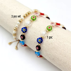 Murano Glass Bracelet, Millefiori Bracelet,  Italian Murano Bracelet, Millefiori Stretchy Flower Bracelet, Adjustable Murano Beaded Bracelet