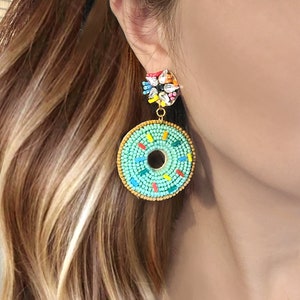 Seed Curated Bead Donut Dangle Earrings, Sprinkle Donut Earring, Seed Bead Statement Earring, Fun Embellished Earring, Party Jewelry