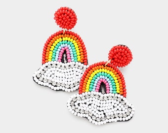 Rainbow Seed Bead Dangle Earrings: Boho Statement Jewelry