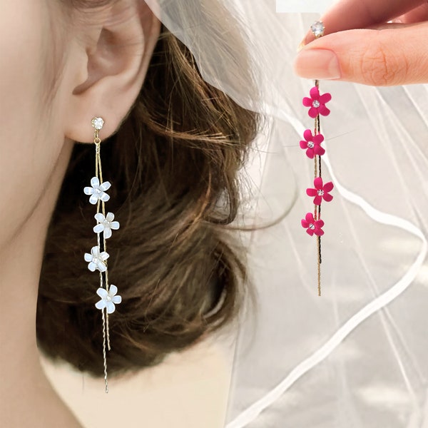 Flower Drop Earrings, Linear Earrings, Flower Dangle Earrings, Dainty Earrings, Floral Earrings, Long Drop Flower Earrings, Mothers Day Gift