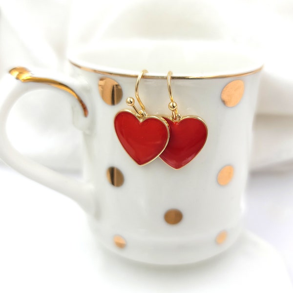 Enamel Heart Dangle Earrings, Heart Earrings, Heart Studs, Epoxy Heart Drop Earrings, Red Heart Earring, Valentines Jewelry, Christmas Gift