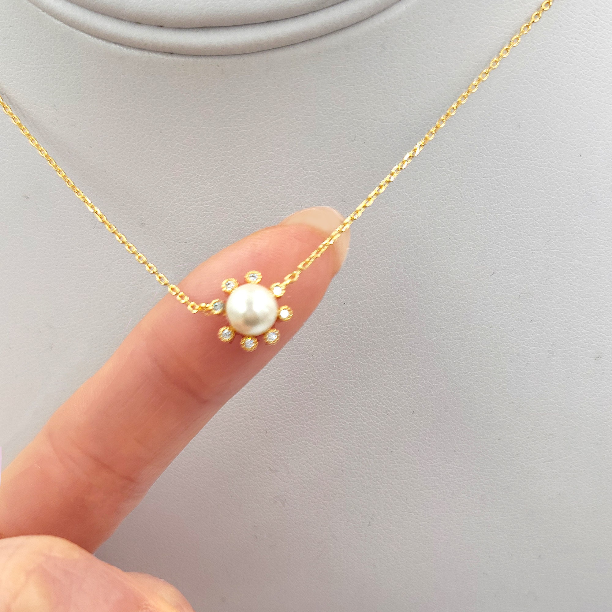 BRIDESMAID Pearl and CZ Pave Flower Pendant Gold Dipped