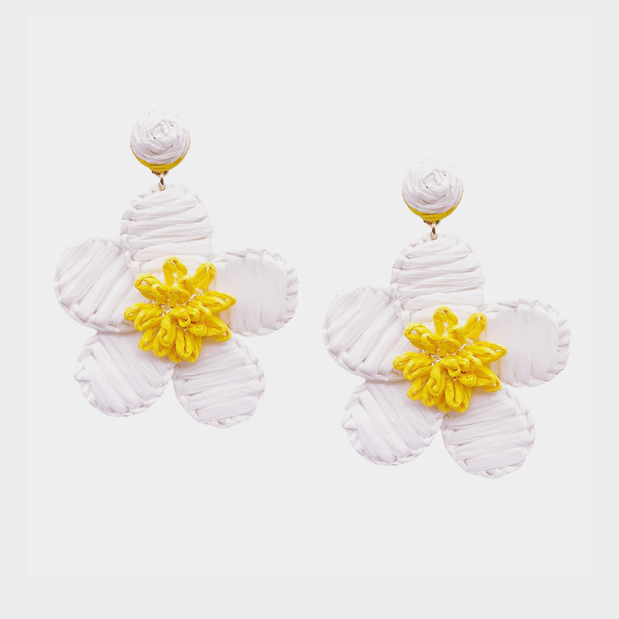 Boucles D'oreilles Fleurs En Raphia - Monture Acier Inoxydable Hypoallergénique Et Bois Naturel