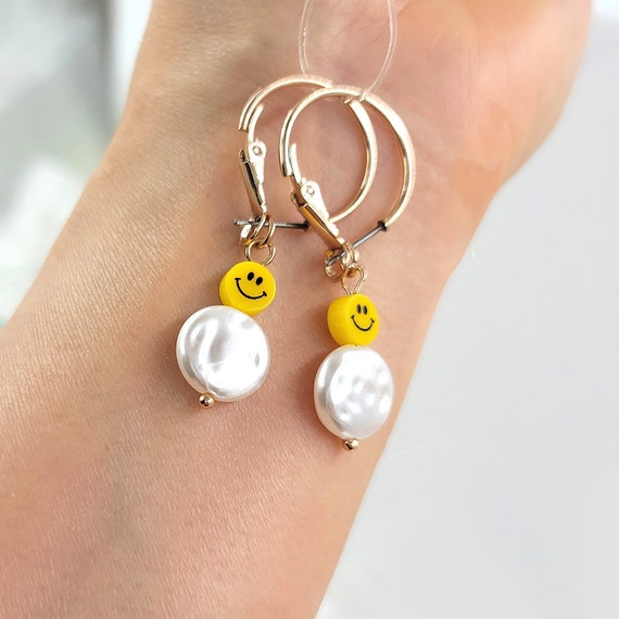 Sterling Silver Happy Face Hoops Earrings - Yellow Resin Sterling Silver Happy Face Hoops Earrings - Yellow Resin
