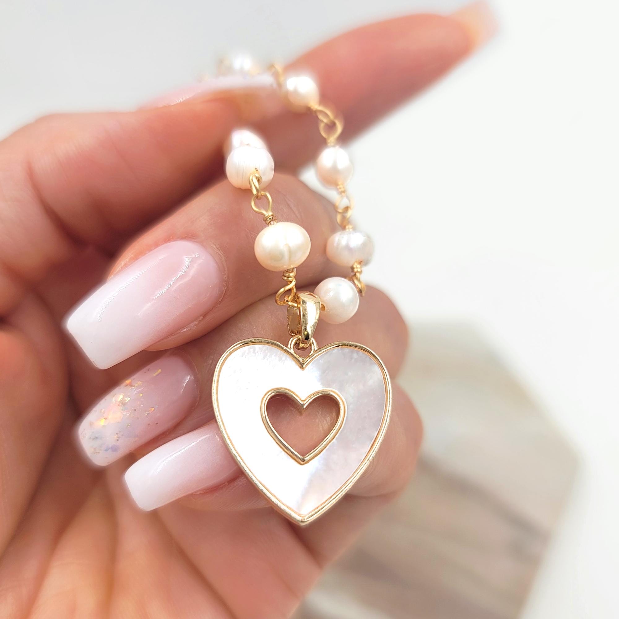 Freshwater Pearl Necklace: Mother of Pearl Heart Pendant, Bridal Gift