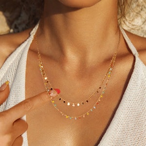 18K Gold Beaded Layered Necklace: Colorful Seed Bead Jewelry