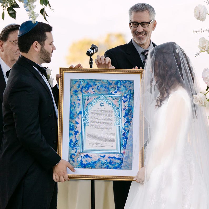 Sunset coloured talith ketubah with 24K gold by Judaica Man Weddings