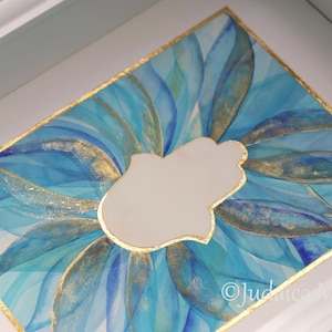Hamsa watercolor  blue and Gold handmade painting - Hamsa in blue protection for home- Handmade hamsa gift Judaica one of a kind