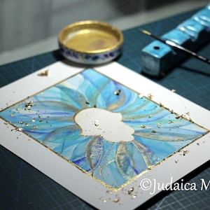 Kaballah Hamsa Blessing for the home watercolor and Gold 24K handmade painting- Hamsa in blue protection for Home - Jewish gifts judaica art