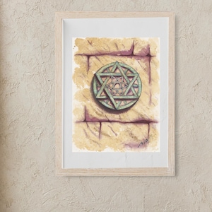 Magen David on Jerusalem wall ISRAEL HAI- watercolor print on paper- Jewish art- handmade painting judaica- Star of David- Ideal jewish gift