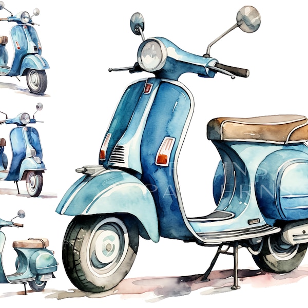 Vintage Vespa Scooter Clipart PNG, Vespa Clipart PNG, Vespa JPG, Vespa Clip Art, Illustration Vespa, Clipart Vespa aquarelle