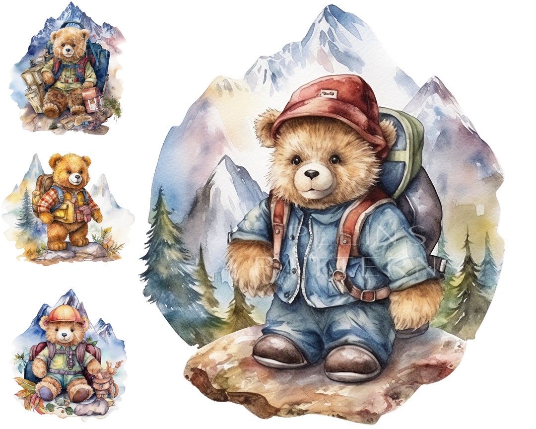 Mountaineer Teddy Bear Clipart Watercolor Clipart Nursery Etsy