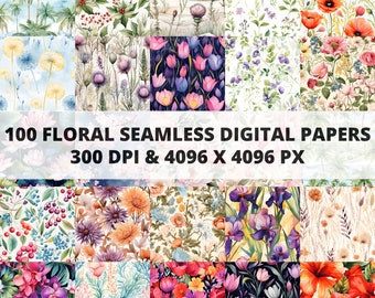 100 Floral Digital Papers, Floral Seamless Pattern Bundle