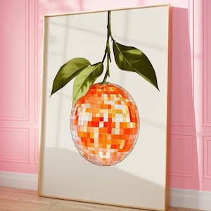 Retro pomarańczowa kula dyskotekowa | Funky plakat z wózkiem barowym Citrus | Elegancka lustrzana kula ścienna | Oryginalny wystrój domu z jedzeniem | Niepowtarzalny prezent dla niej