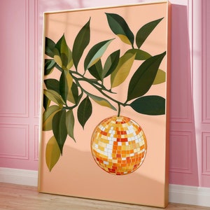 Retro Orange Disco Ball Druck | Funky Citrus Bar Warenkorb Poster | Preppy Spiegelball Wandkunst | Skurriles Essen Wohnkultur | Einzigartiges Geschenk für Sie