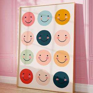 Moderner Retro Smiley Gesichtsausdruck | Boho Regenbogen Kinderwandkunst | Buntes Spielzimmer Dekor Druckbares Poster Geschenk | Kinderzimmer Illustration