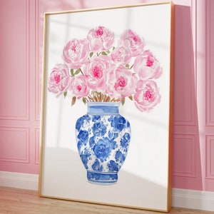 Impresión de acuarela estilo chinoiserie de peonías y rosas rosas, obra de arte floral de descarga digital, impresión de flores vintage, arte de pared de impresión instantánea