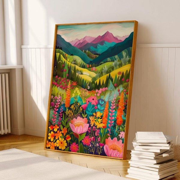 Vibrant Mountains Landscape Wall Art - Colorful Abstract Illustration - Maximalist Cute Patchwork Artwork - Abstract Vibrant Home Wall Decor