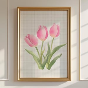 Abstract Pink Tulip Illustration Print | Vintage Botanical Art | Trendy Checkered Decor | Cornflower Pink Wall Art | Digital Download Decor