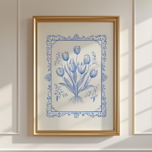 impression d'illustration de tulipe vintage | Décoration murale botanique numérique | Tableau abstrait tulipe bleue bleuet | Oeuvre d'art florale imprimable tendance