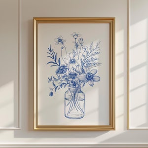 Nature morte florale bleue | Impression d'art bouquet de fleurs | Affiche esthétique bohème | Art mural botanique imprimable | Art floral au trait fin
