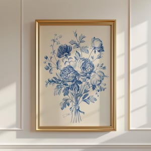 青い花の静物画 | 印刷可能な植物の壁アート | ボヘミアンの美的花束アートプリント | 細い線の花のポスター装飾