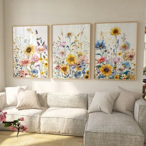 Ensemble de 3 oeuvres d'art murales Tournesols | Impressions florales vibrantes d'aquarelle | Oeuvre d'art imprimable de fleurs sauvages | Téléchargement numérique | Décoration botanique colorée