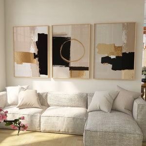 Conjunto de 3 impressões neutras abstratas | Arte de parede bege e preta | Impressões de arte extragrandes | Arte de parede abstrata dourada | Pôsteres digitais modernos para impressão