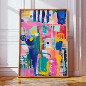 Pintura digital abstrata colorida vibrante | Arte de parede brilhante | Pôster de pinceladas imprimíveis | Arte ingênua moderna | Decoração contemporânea