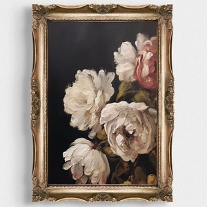Peony Wall Art Print | Moody Dark Academia Vintage Style | Antique Floral Still Life Painting | Print Wall Art Decor | Elegant Home Decor