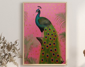 Retro Peacock with Golden Ferns on a Crimson Polka Dot and Rose Background | Opulent Hollywood Regency Wall Art Print | Printable Bird Print