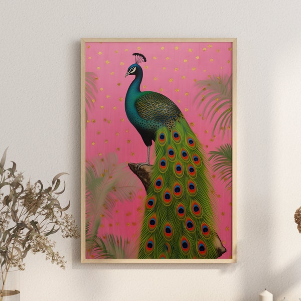Retro Pfau mit goldenen Farnen auf einem Hintergrund mit Crimson Polka Dots und Rosa | Opulentes Hollywood Regency Wandbild | Druckbare Vogel Druck