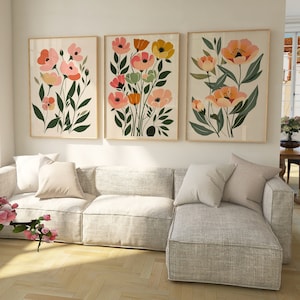 Conjunto de 3 estampas de flores abstratas Boho | Arte floral em terracota | Estampas bege modernas | Decoração Boho para impressão | Coleção de pôsteres de mercado de flores