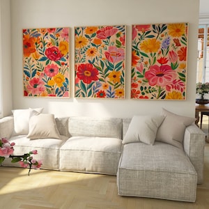 Set of 3 Abstract Floral Botanical Prints | Colorful Acrylic Abstract Wall Art | Printable Living Room Decor | Floral Art Print Collection