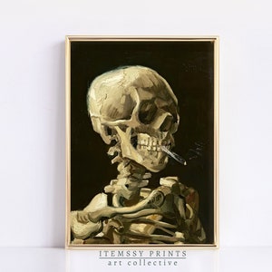 Van Gogh Print | Moody Dark Academia Art | Skull of Skeleton with Burning Cigarette | Dark Wall Decor | Gothic Wall Decor | Skull Art Print