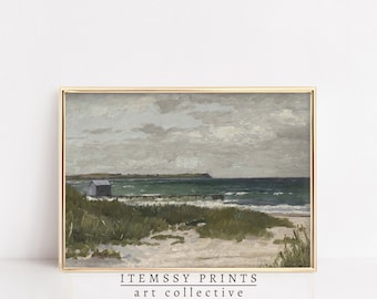 Lake House Decor Coastal Painting | Rustic Landscape | Farmhouse Decor | PRINTABLE Antique Oil Painting | Vintage Seaside Print