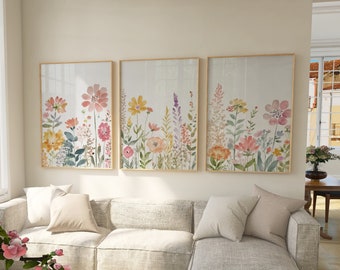 Colorful Wildflower Art Set of 3 | Modern Floral Prints | Printable Watercolor Decor | Living Room Wall Art Posters | Gift for Nature Lovers
