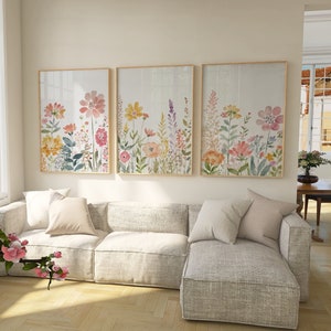 Colorido conjunto de arte de flores silvestres de 3 / Arte floral / Estampados florales modernos / Conjunto de impresión de flores silvestres de acuarela de 3 / Carteles de arte de pared imprimibles